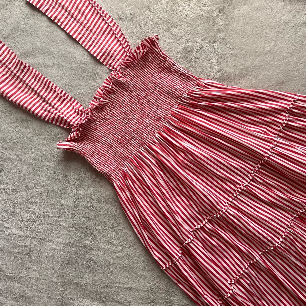 Hill House Home Ellie Ruffle Tiered Smocked Midi Nap Dress Cherry Stripe Red